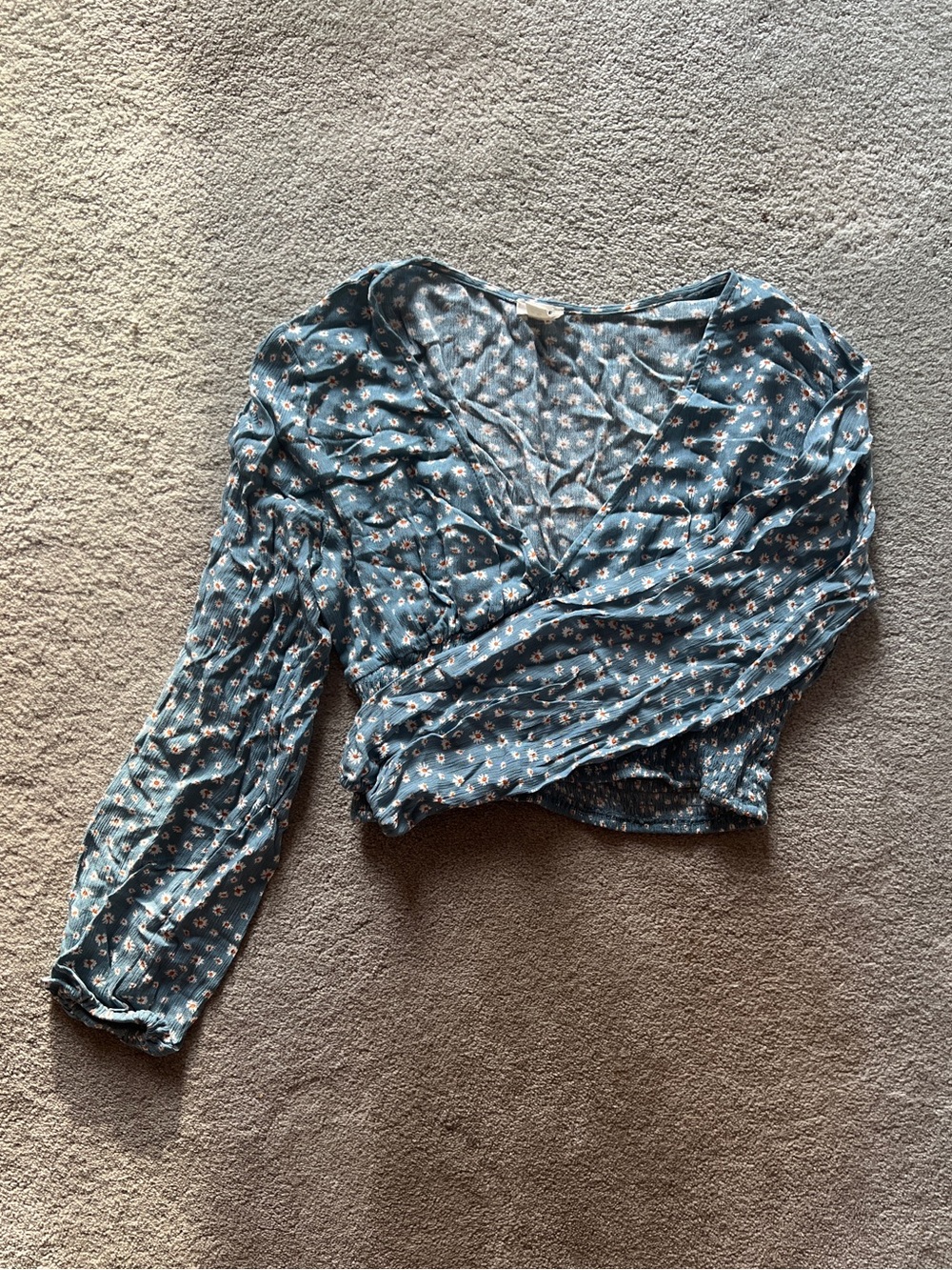 Floral Long-Sleeve Crop Top - Blue